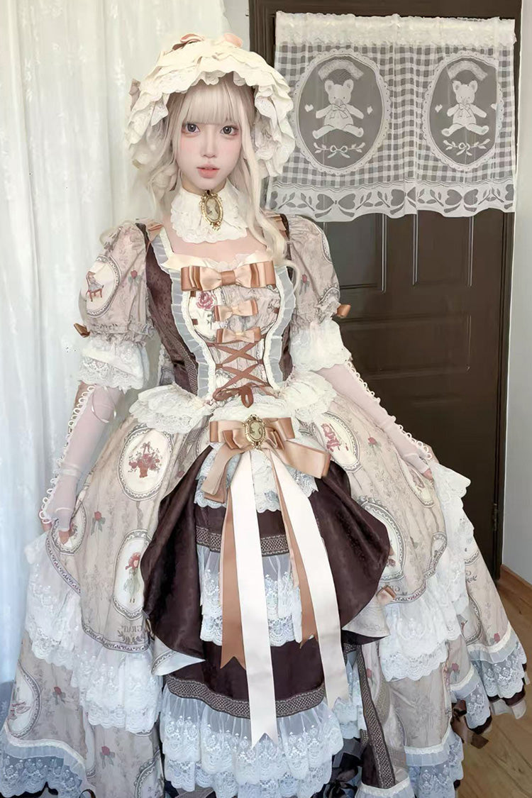 Brown [baker Street Tea Party] Short Sleeves High Waisted Print Ruffle Embroidery Cardigan Bowknot Lace-up Classic Princess Lolita Dress