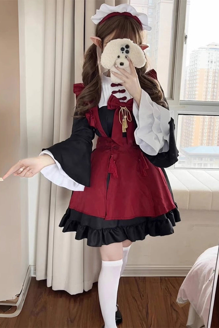 Black/red Maid Long Trumpet Sleeves Ruffle Bowknot Classic Chinese Style Lolita Dress Full Set