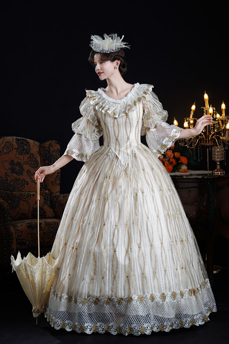 Champagne Long Puff Sleeves Ruffled Cut-out Mesh Classic Palace Lolita Victorian Dress