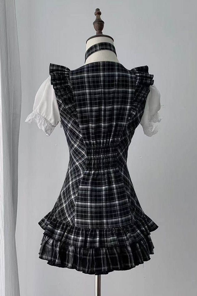 [pre-order Deadline: April 29] Black Check Ruffle Ribbon Puff Sleeve Mini Dress Set + Choker