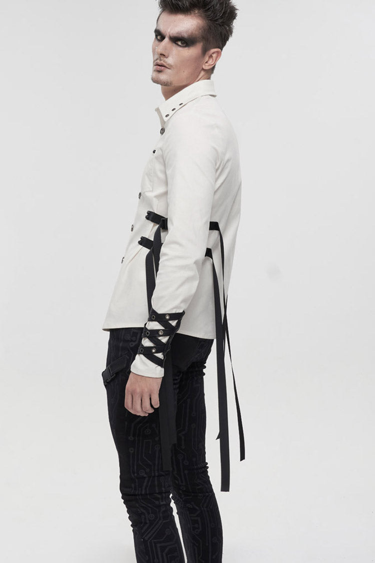 White Punk Nylon Strap Metal Buckle Decoration Long Sleeve Elasticity Thick Shirt