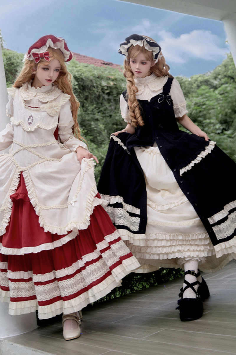 Doll Long Tiered Suspender Skirt + Shirt + Sleeves + Apron + Petticoat + Headband + Ribbon + Accessories