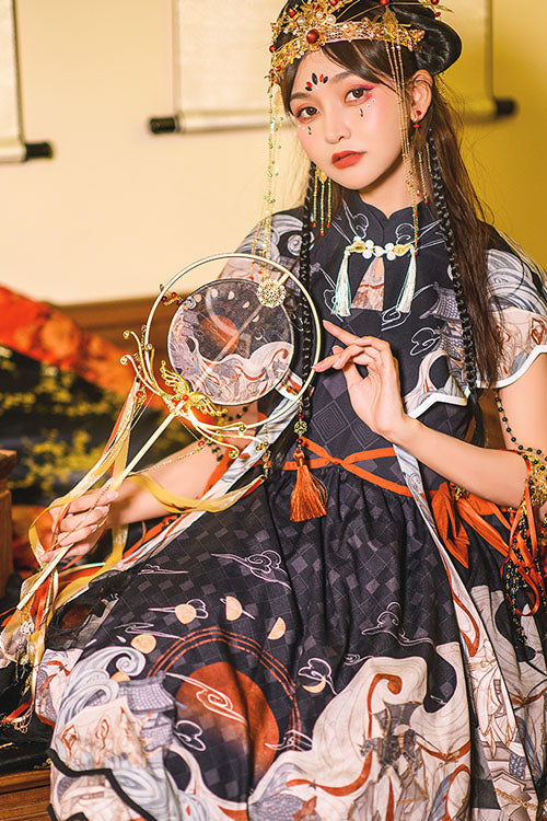 Black Chinese Style Chang'e Flying to the Moon Print Ruffled Classic Lolita Op Dress