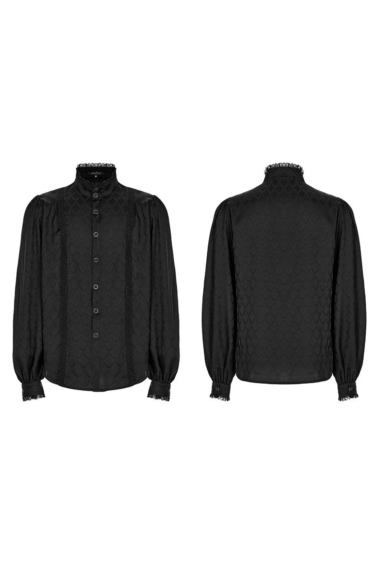 Black Punk Turtleneck Dragon Scale Jacquard Long Lantern Sleeves Lace Edge Shirt