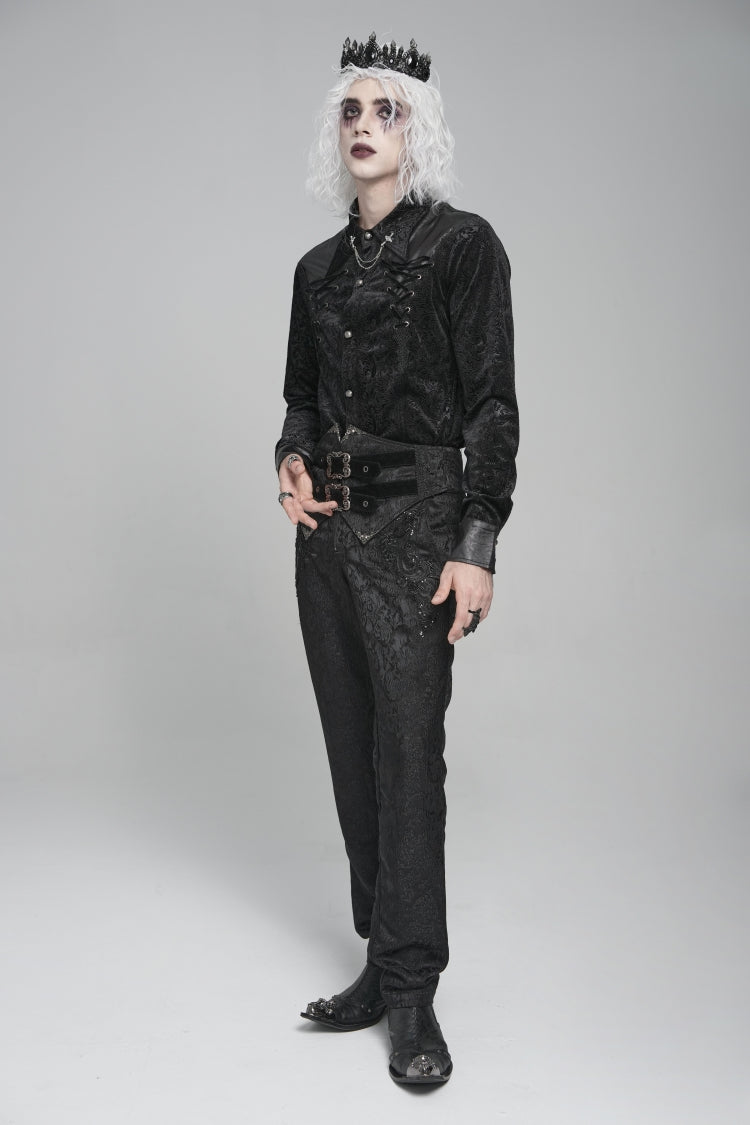 Black Lapel Collar Long Sleeves Print Embroidery Lace-up Gothic Blouse