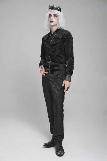 Black Lapel Collar Long Sleeves Print Embroidery Lace-up Gothic Blouse