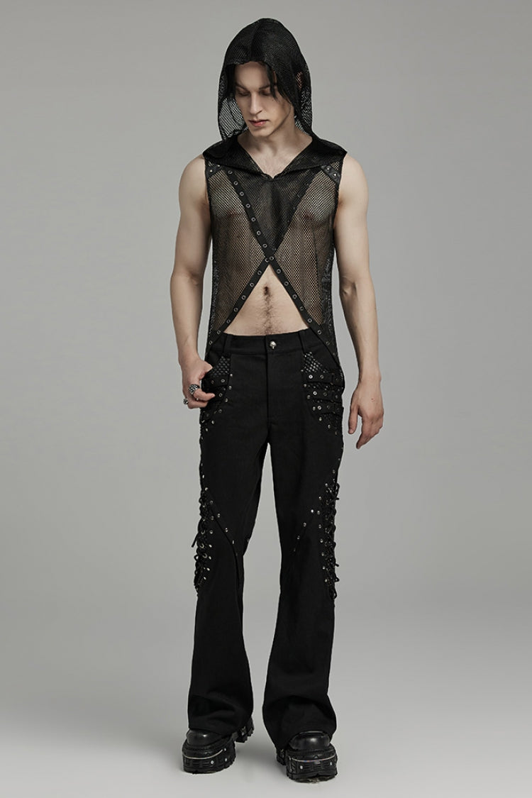 Black Sleeveless Irregular Hooded Mesh Eyelet Punk Vest