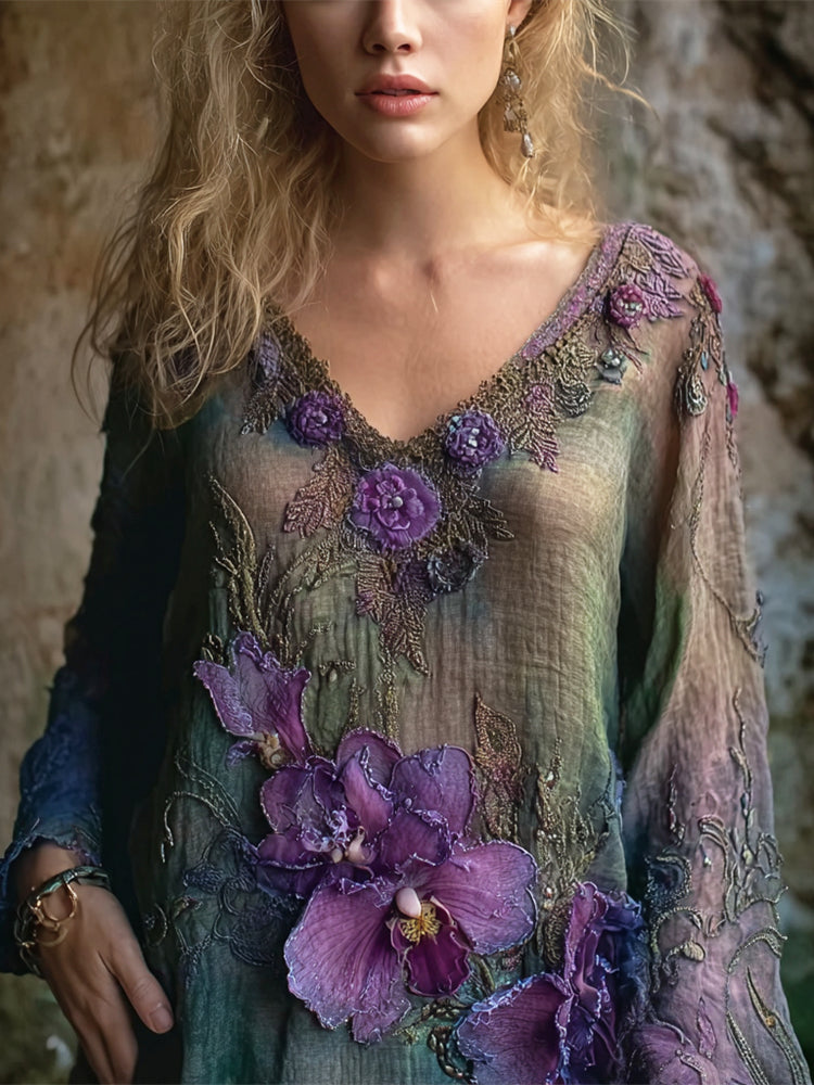Vintage Dimensional Orchid Floral Embroidery Art Women's Linen V-neck Shirt elevenforest