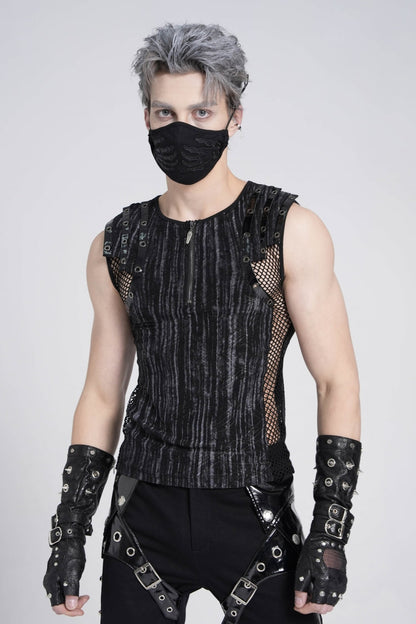 Black Sleeveless Ribbed Print Stitching Mesh Zipper Gothic Vest