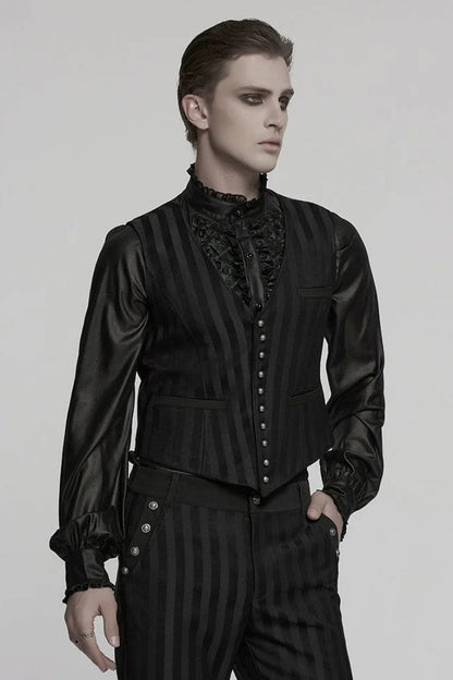Black V Collar Sleeveless Striped Print Buckle Punk Vest
