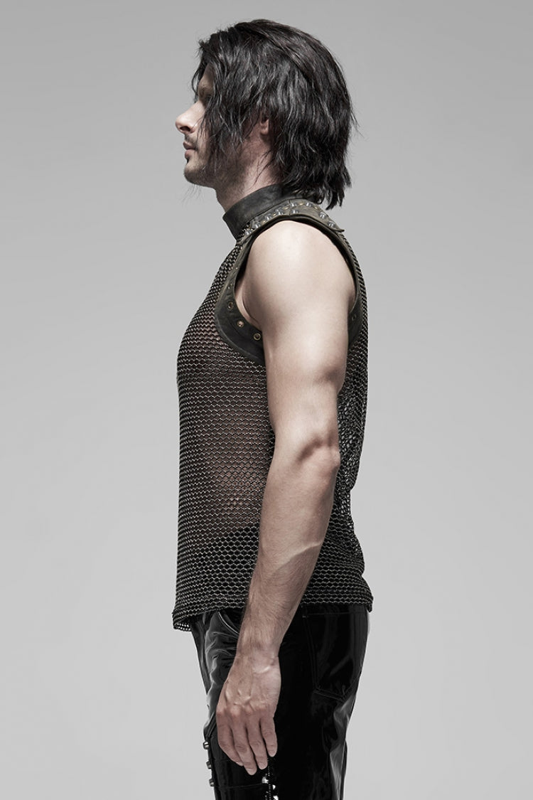High Collar Sleeveless Rivet Decoration Sheer Mesh Steampunk Vest 2 Colors
