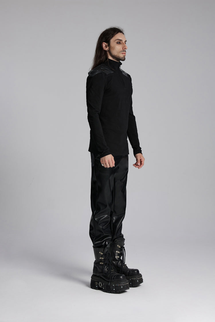 Black Stand Collar Long Sleeves Zip 3d Patch Print Punk T-shirt
