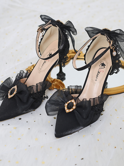 Pearl Strap Chiffon Lace Design Pumps