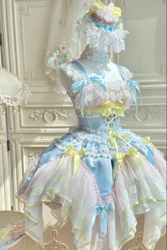 [pre-order Deadline: May 8] Pink X Green/blue X Yellow Fairy Princess Lolita Tulle Lace Bow Layered Dress