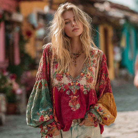 Women's Bohemian Ethnic Floral Colorblock Art Linen Blend V-neck Shirt elevenforest