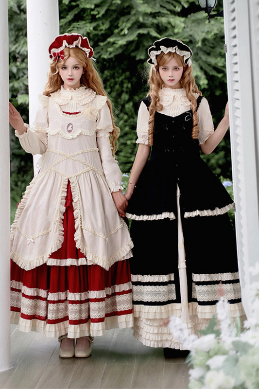 Doll Long Tiered Suspender Skirt + Shirt + Sleeves + Apron + Petticoat + Headband + Ribbon + Accessories