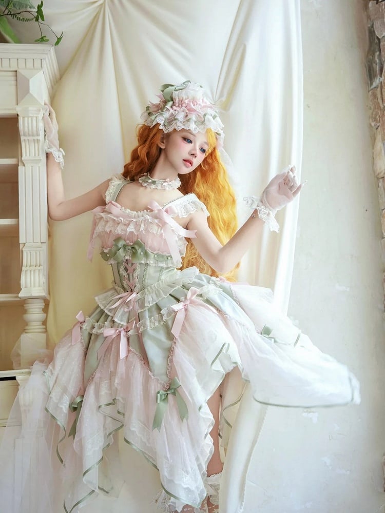 [pre-order Deadline: May 8] Pink X Green/blue X Yellow Fairy Princess Lolita Tulle Lace Bow Layered Dress