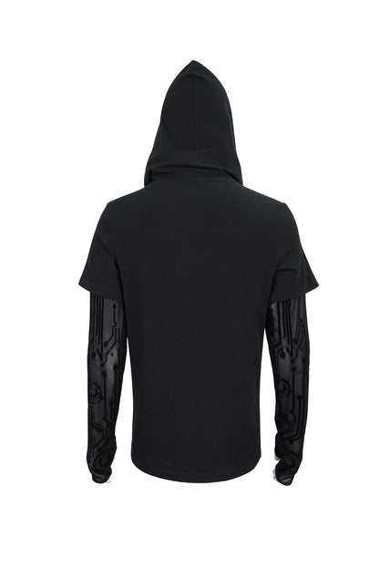 Black Paneled Mesh Long Sleeve Super High Collar Masked Circuit Diagram Printed Hooded Knitted Punk T-shirt