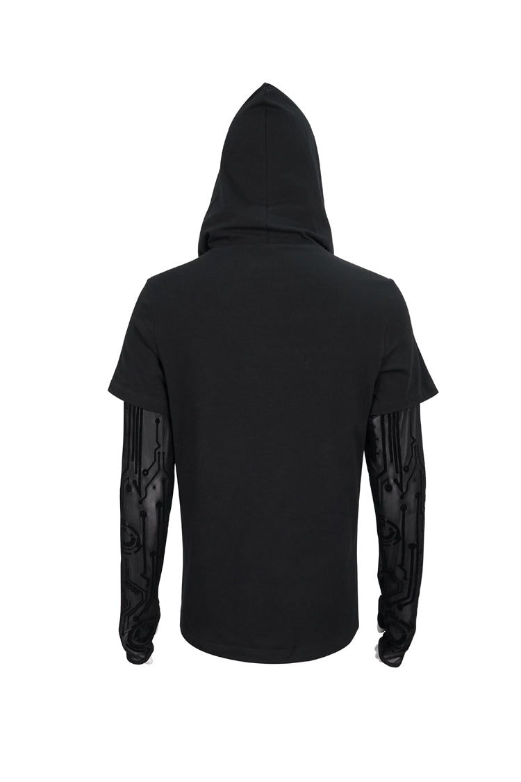 Black Paneled Mesh Long Sleeve Super High Collar Masked Circuit Diagram Printed Hooded Knitted Punk T-shirt