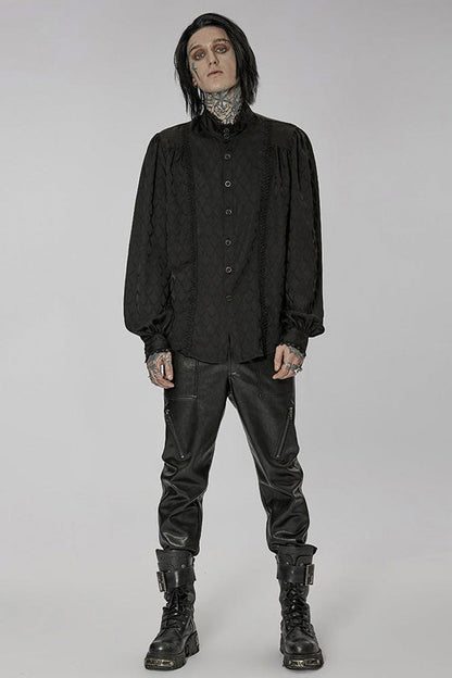 Black Punk Turtleneck Dragon Scale Jacquard Long Lantern Sleeves Lace Edge Shirt