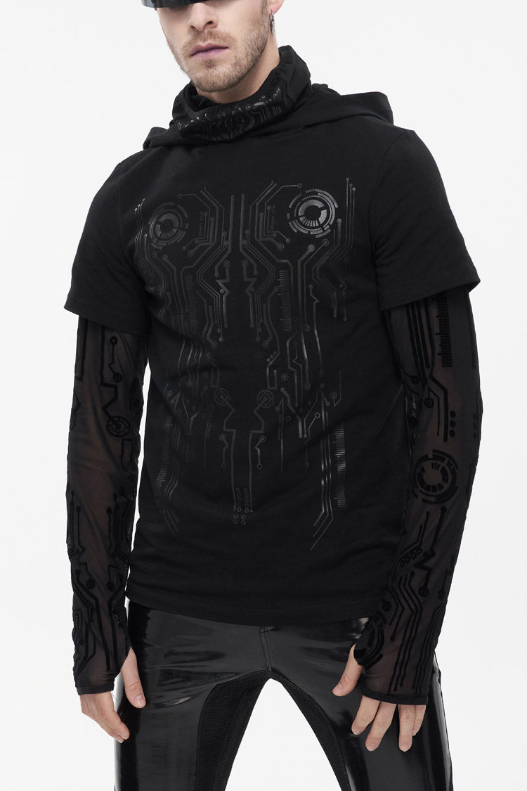 Black Paneled Mesh Long Sleeve Super High Collar Masked Circuit Diagram Printed Hooded Knitted Punk T-shirt
