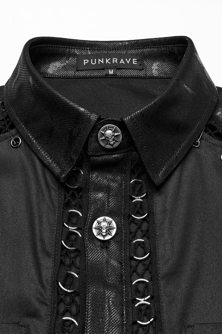 Black Lapel Collar Long Sleeves Stitching Pin Mesh Punk Blouse