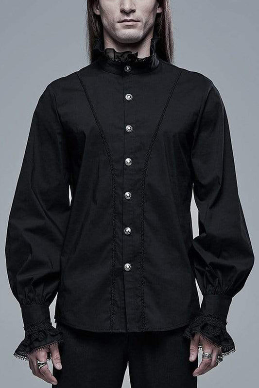 Black Stand Collar Long Sleeves Metal Button Lace Gothic Blouse