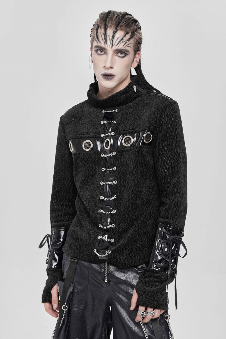 Black Stand Collar Long Sleeves Faux Leather Stitching Chain Eyelet Punk Blouse