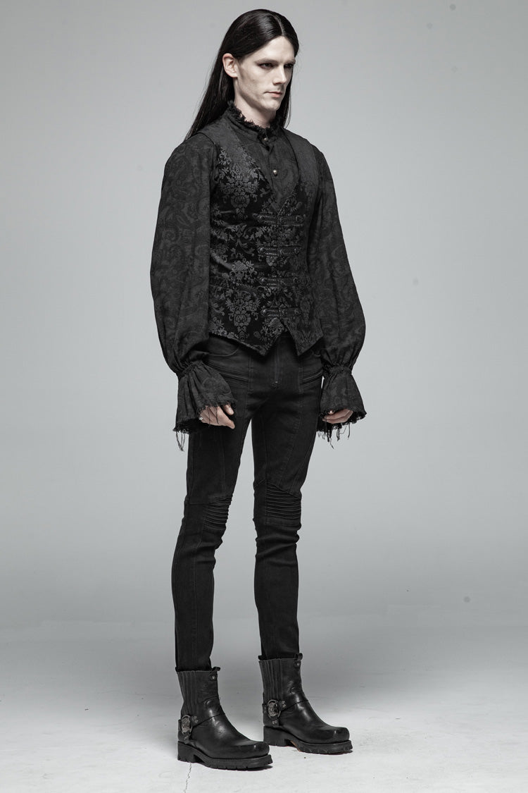 Black Retro Jacquard Front Woven Strap Metal Button Gothic Vest