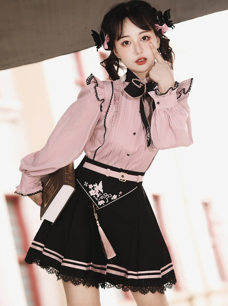 Embroidered Ribbon Ruffle Shoulder Blouse + Tassel Strap Embroidery Lace Skirt