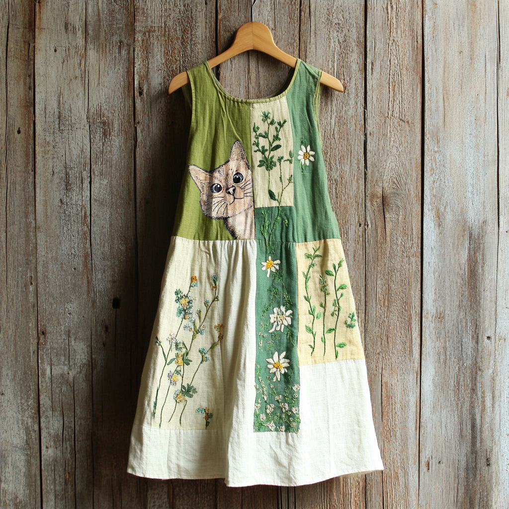 Comstylish Vintage Cute Cat Floral Patchwork Midi Dress