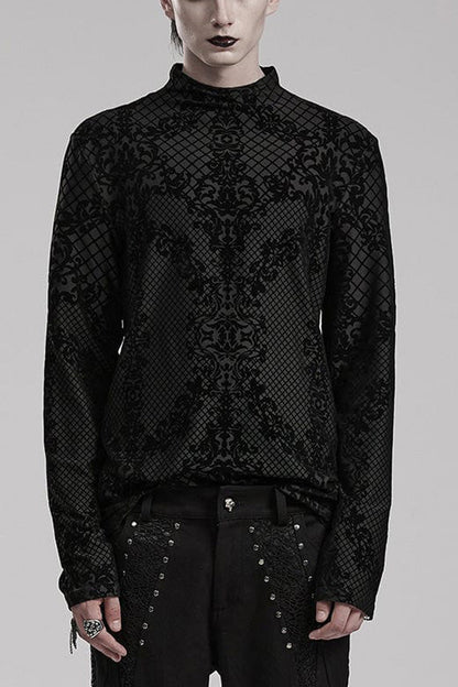 Black High Collar Long Sleeves Flocking Print Gothic T-shirt