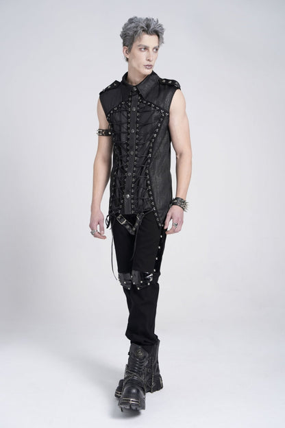 Black Sleeveless Studded Lace-up Gothic Blouse
