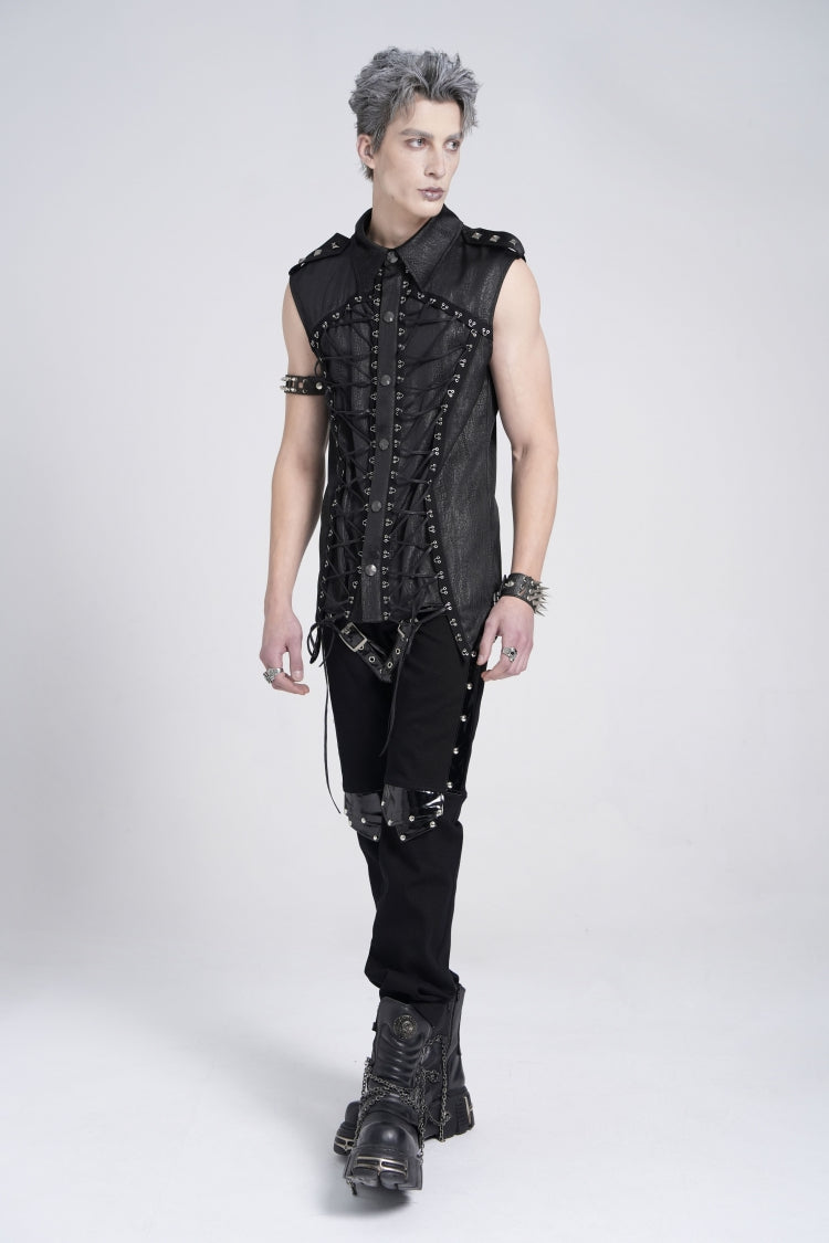 Black Sleeveless Studded Lace-up Gothic Blouse