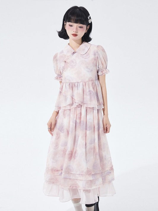 Chinese-style Rose Print Puff Sleeve Ruffle Shirt Skirt Two Piece Set