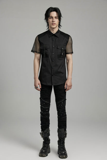 Black Lapel Collar Short Sleeves Mesh Stitching Punk Blouse