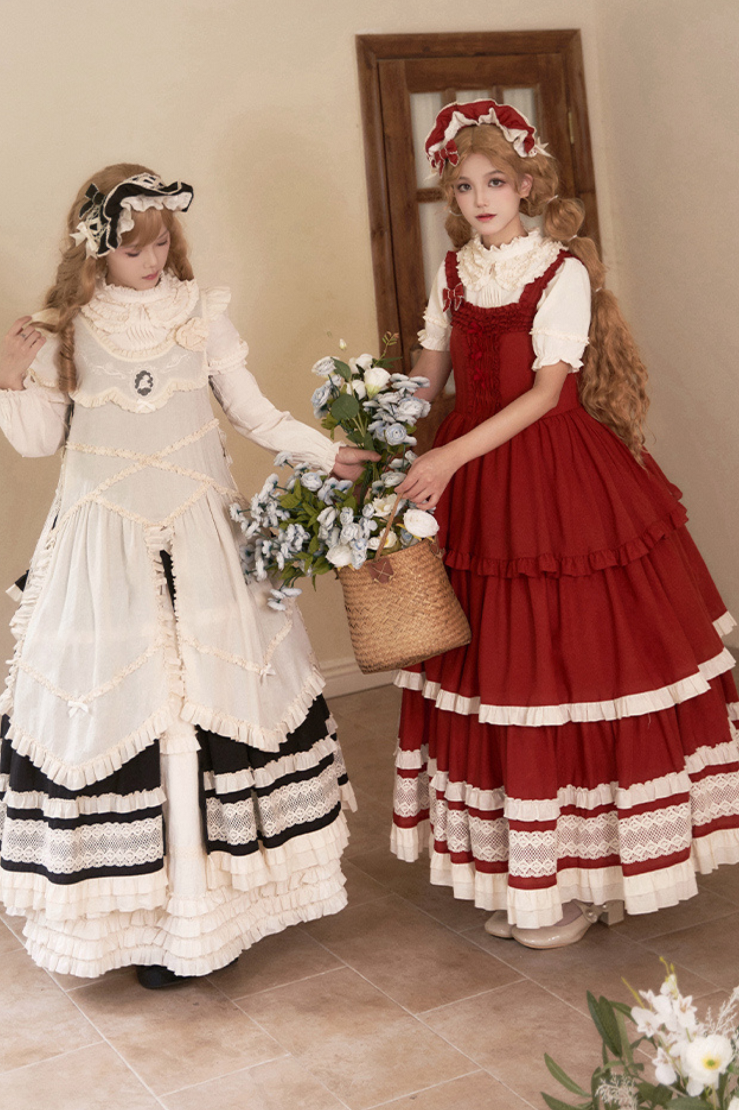 Doll Long Tiered Suspender Skirt + Shirt + Sleeves + Apron + Petticoat + Headband + Ribbon + Accessories