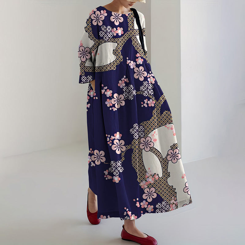 Comstylish Women's Vintage Japanese Cherry Blossom Print Loose Midi Dress