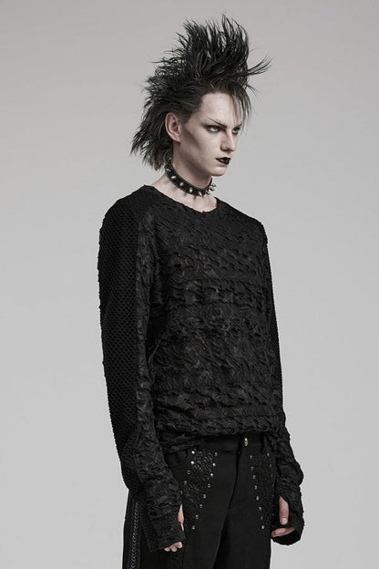 Black Long Sleeves Ripped Print Stitching Gothic T-shirt