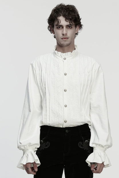 White Stand Collar Long Sleeves Ruffle Embroidery Pleated Gothic Blouse