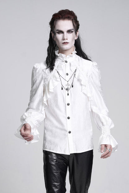 White Stand Collar Long Sleeves Ruffle Lace Cross Gothic Blouse