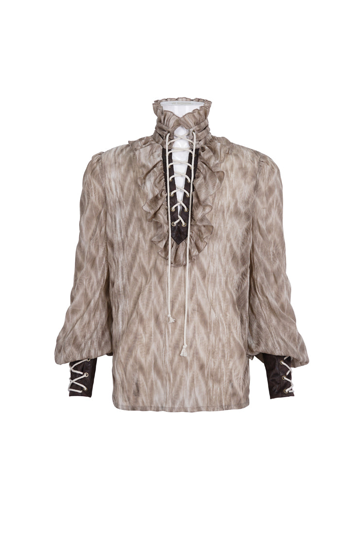 Brown Ruffle Stand Collar Print Lace-up Gothic Blouse