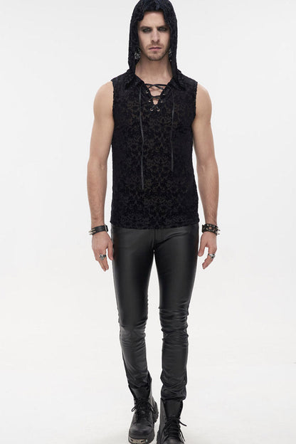 Black Punk Velvet Jacquard Chest Tie Sleeveless Hooded Shirt