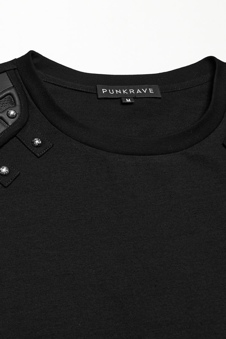Black Round Collar Sleeveless Studded Stitching Shoulder Patched Punk Vest