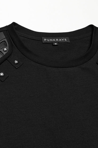 Black Round Collar Sleeveless Studded Stitching Shoulder Patched Punk Vest