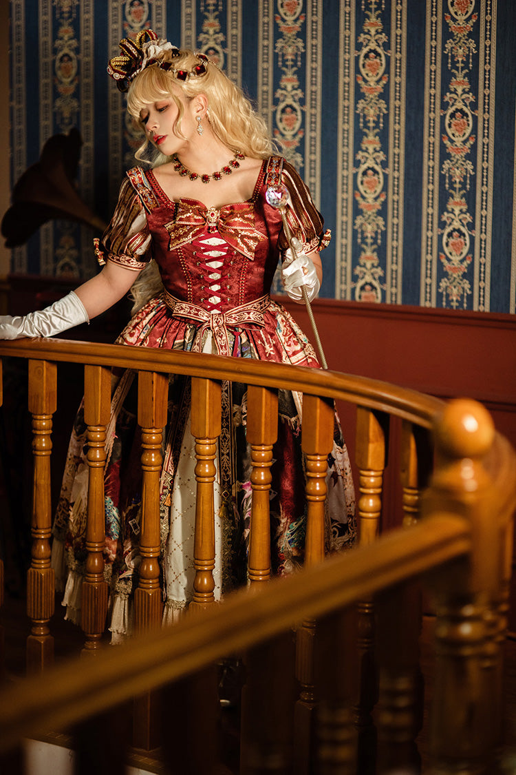Red [kaleidoscope of Dreams] Double-layered Print Embroidery Bowknot Lace-up Classic Lolita Dress