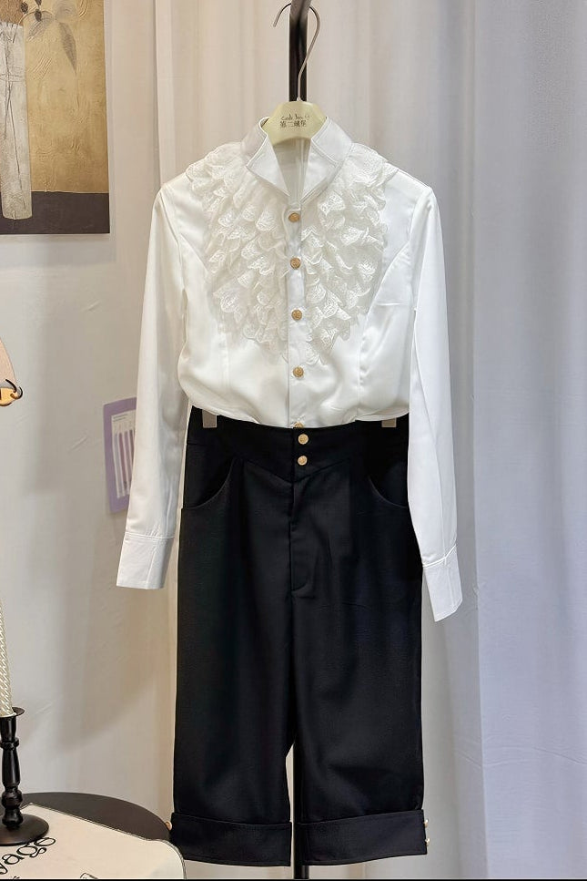 [pre-order Deadline: May 8] White Lace Ruffle High Collar Prince Shirt + Black Tailored Bermuda Shorts