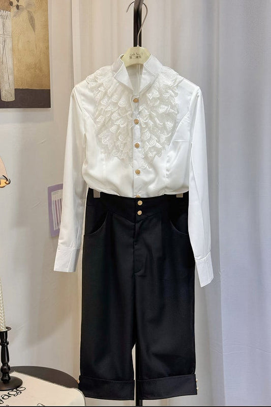 [pre-order Deadline: May 8] White Lace Ruffle High Collar Prince Shirt + Black Tailored Bermuda Shorts