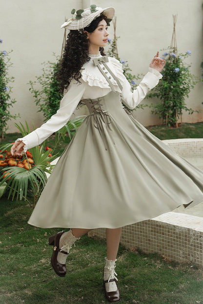 White/green [wind Garden] Stand Collar Ruffle Lace-up Color Matching Fake Two Pieces Classic Lolita Dress