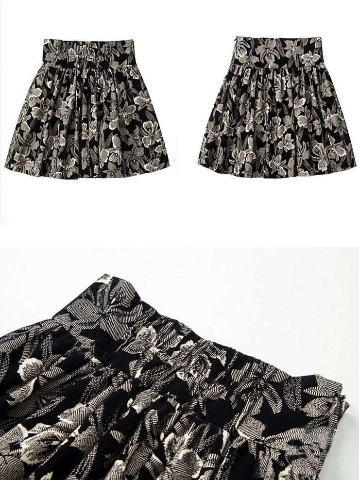 Lace Ruffle Bow Blouse + Jacquard Skirt